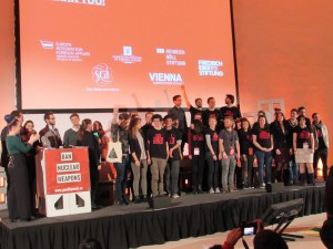 ICAN volunteers celebrate (and are celebrated!) at the conclusion of the Civil Society Forum in Vienna.