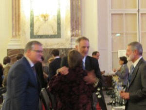 IPPNW co-president Ira Helfand (right) and Rebecca Johnson congratulate Ambassador Kmentt at the conclusion of the conference.